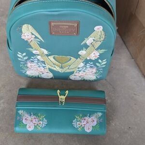 NFINITY Teal Floral Backpack and Wallet Set with Gold Accents